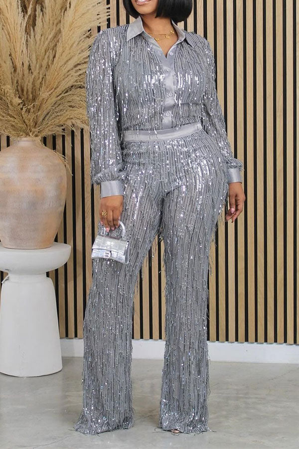 storexq Solid Color Sequined Tassel Sparkly Pant Suit