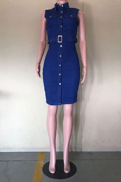 storexq Denim Classic Single Breasted Mini Dress (With Belt)