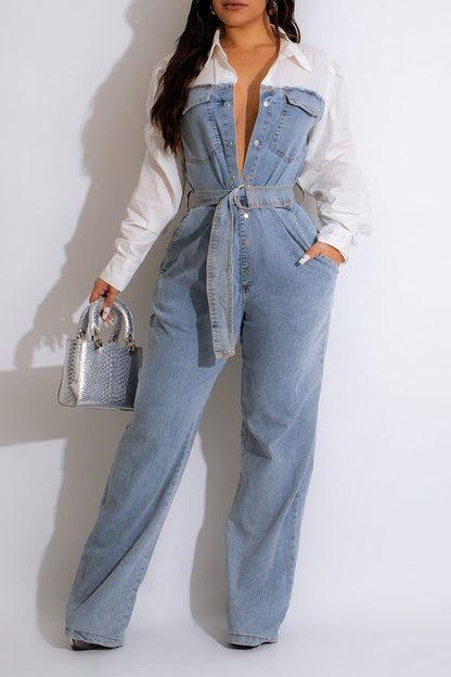 storexq Color Block Denim Patchwork Stylish Belted Jumpsuit