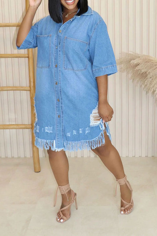 storexq Ripped Denim Relaxed Pocket Button Midi Dress