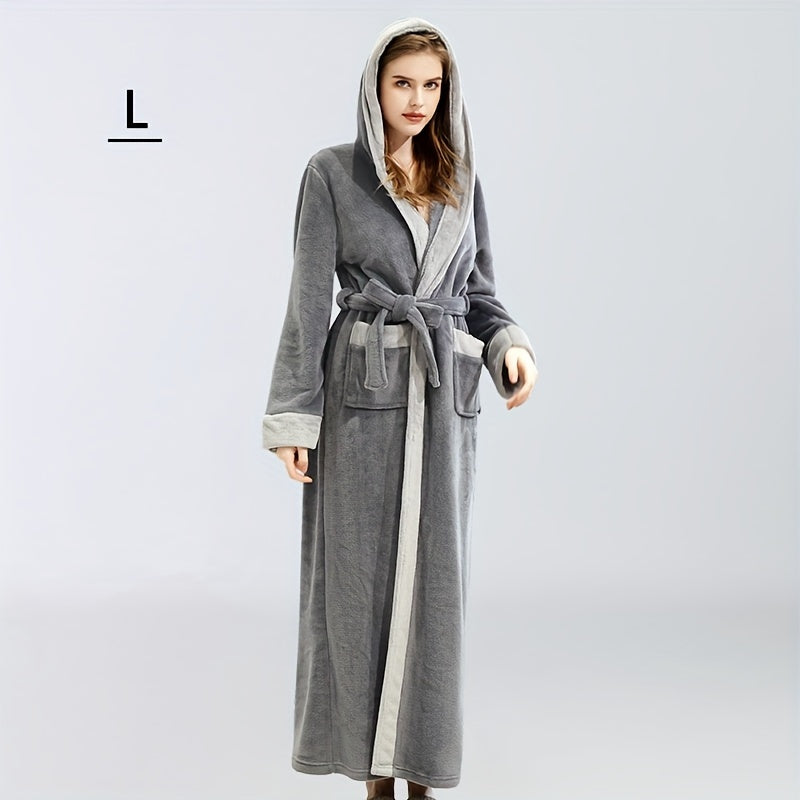 1pc Autumn And Winter Bathrobe, Soft And Skin-friendly Hooded Long Sleeve Bathrobe, Thickened Nightgown With Pocket, Warm Long Robe For Home, Bathroom Supplies