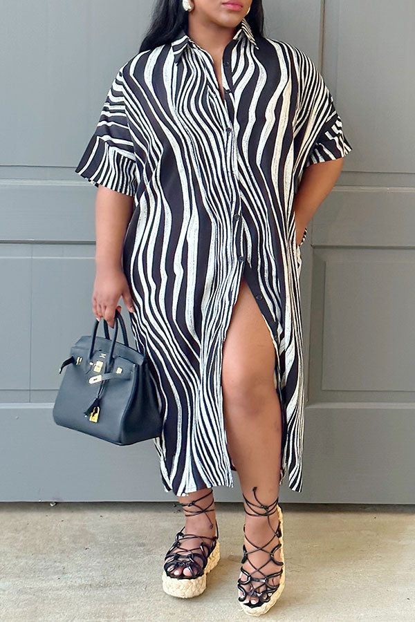 storexq Zebra Print Shirt Collar Casual Button Midi Dress