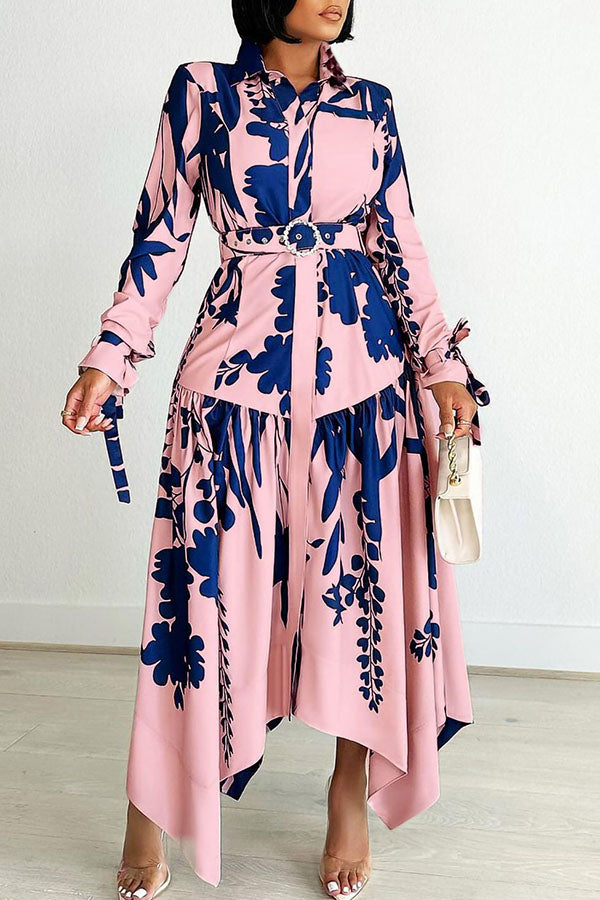 namcoverse Floral Print Feminine Belted Irregular Maxi Dress