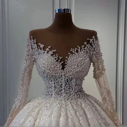 Elegant Wedding Dress Illusion Neck Long Sleeves Lace Appliques Pearls Beads Bride Gowns Robe Mariage Vestidos De Novia