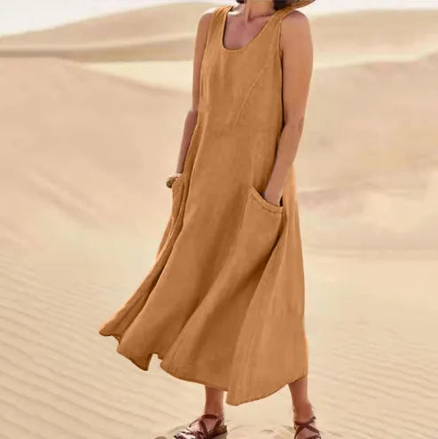 Summer women Casual Dresses pocket sleeveless round neck women's cotton linen dress loose home outdoor skirt cf0 9e0