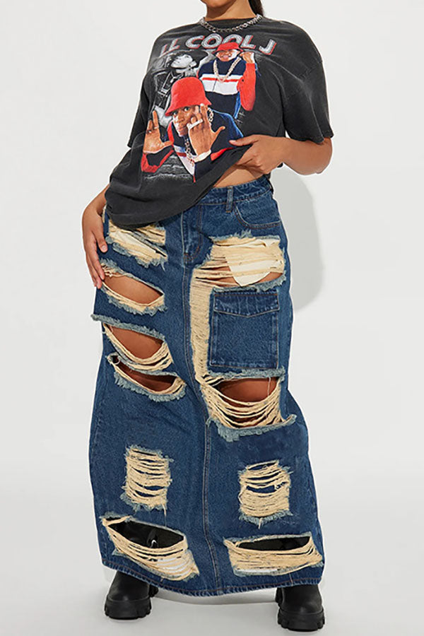 storexq Ripped Hippy Pocket Washed Denim Skirt