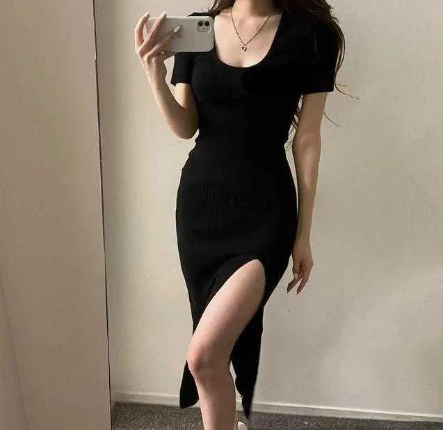 Women's casual short sleeved dress lady skirt hem thin skirt style girl designer sexy dress Split long skirt