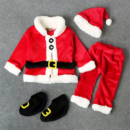 Adorable 4pcs Santa Claus Costume Set for Youngsters - Red Polyester Outfit with Lapel Jacket, Pants, Hat & Shoe Covers - Perfect for Christmas Parties