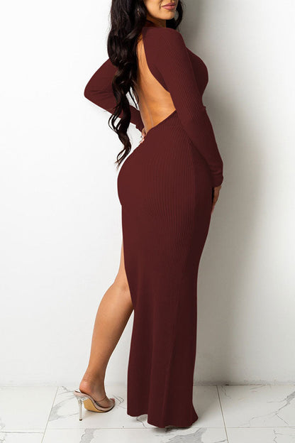 storexq Solid Color Deep V Neck Romantic High Split Maxi Dress