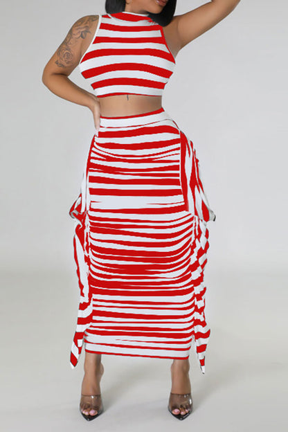 storexq Striped Cute Tie Back Side Ruffle Dress Suit