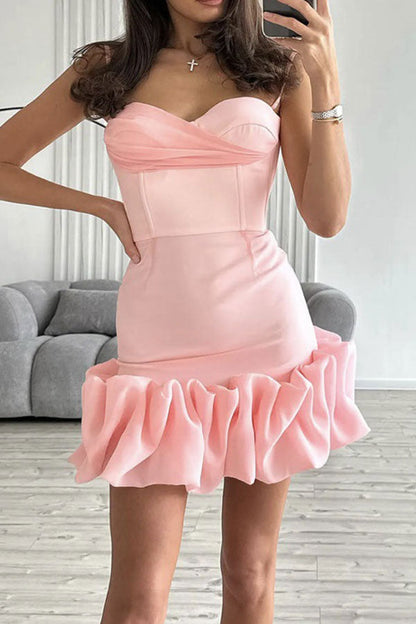 storexq Solid Color Elegant Ruffle Hem Mini Dress