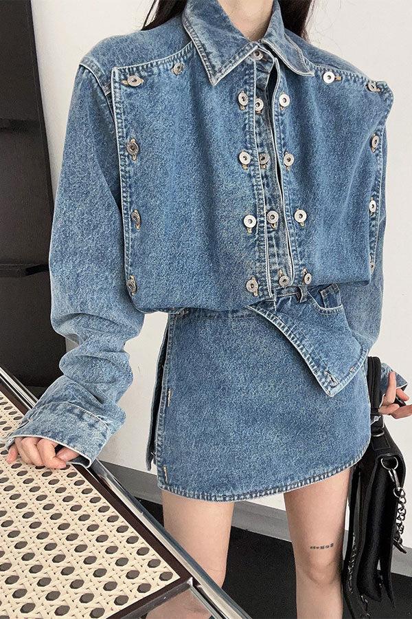 storexq Solid Color Button Design On-trend Denim Coat & Skirt