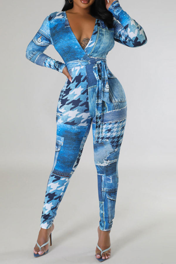 storexq Imitation Denim Print Simple Belted Bodycon Jumpsuit