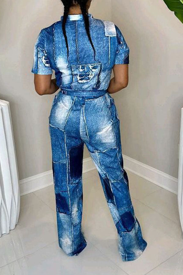 storexq Denim Print Casual Belted Jumpsuit