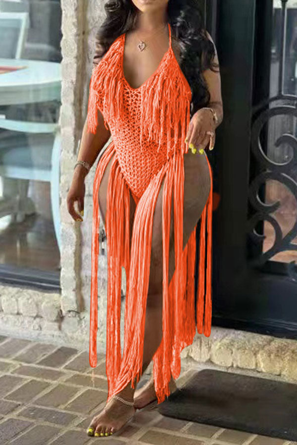 storexq Solid Color Backless Romantic Crochet Cutout Tassel Beachwear