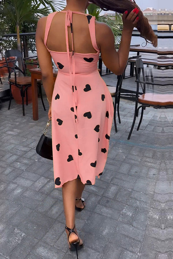 namcoverse Heart Print Sweet Tie Back Drawstring Midi Dress