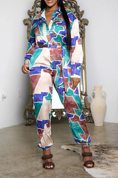 storexq Graphic Print Classic Pocket Belted Jumpsuit