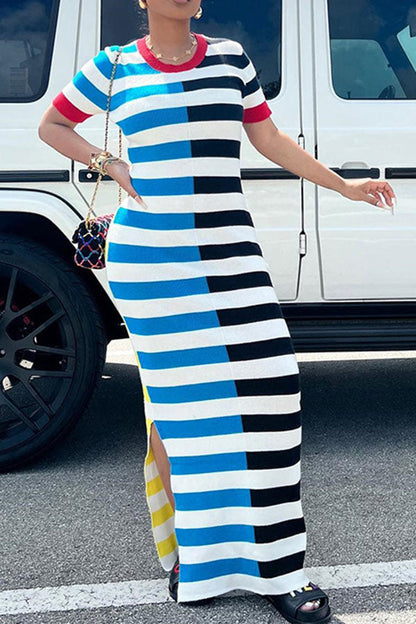 storexq Color Block Striped Casual Side Split Maxi Dress