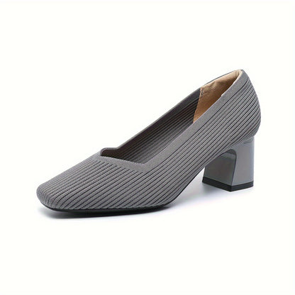 Chic Square-Toe Knitted Pumps - Comfortable Chunky Heel - Versatile Solid Colors - Perfect for Office Wear