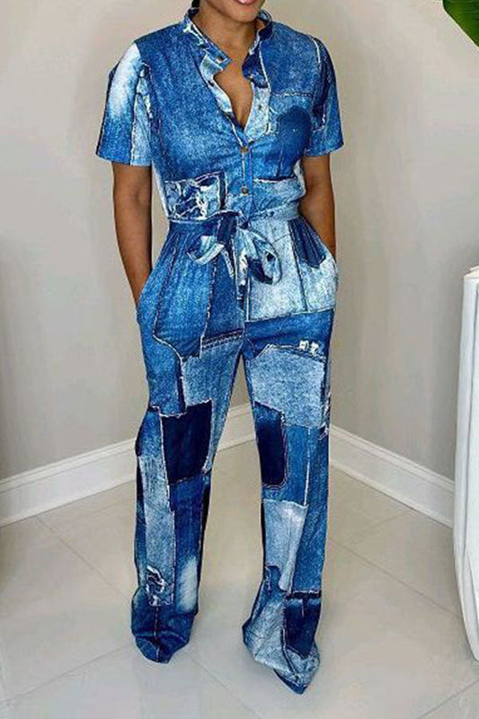 storexq Denim Print Casual Belted Jumpsuit