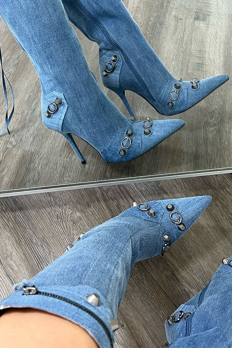 storexq Rivet & Tassel Design Cool Pointed Toe Denim Boots