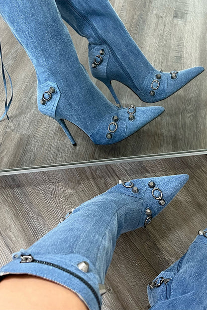 storexq Rivet & Tassel Design Cool Pointed Toe Denim Boots