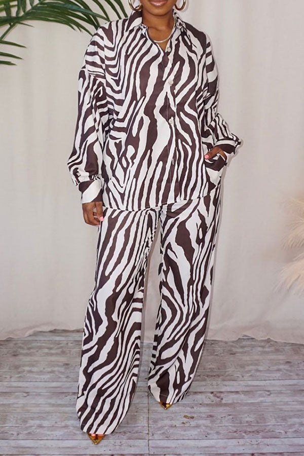 storexq Zebra Print Shirt Collar Stylish Pant Suit