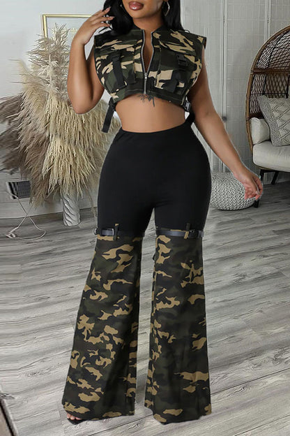 storexq Camouflage Punk Buckled Pocket Belt Decor Pant Suit