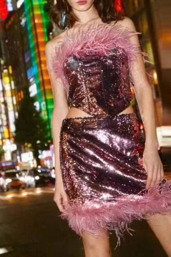 storexq Feather Design Sequined Festive Irregular Skirt Suit