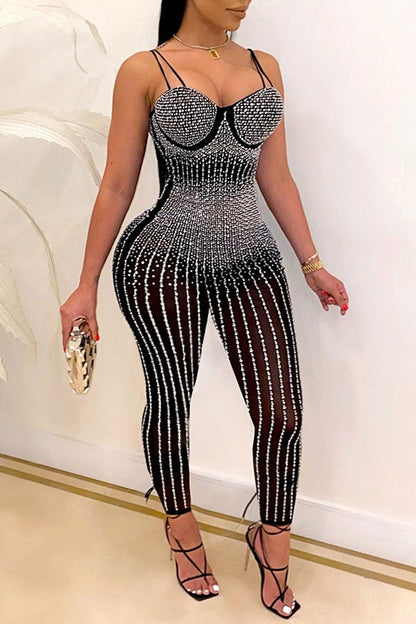 storexq Rhinestone Shimmery See-Through Jumpsuit