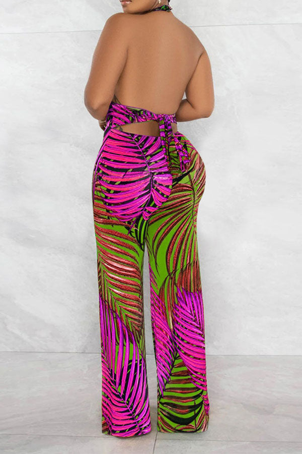 storexq Leaf Print Tropical Backless Lace-Up Jumpsuit