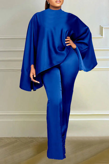 storexq Solid Color Batwing Sleeve Rocking Flowy Pant Suit