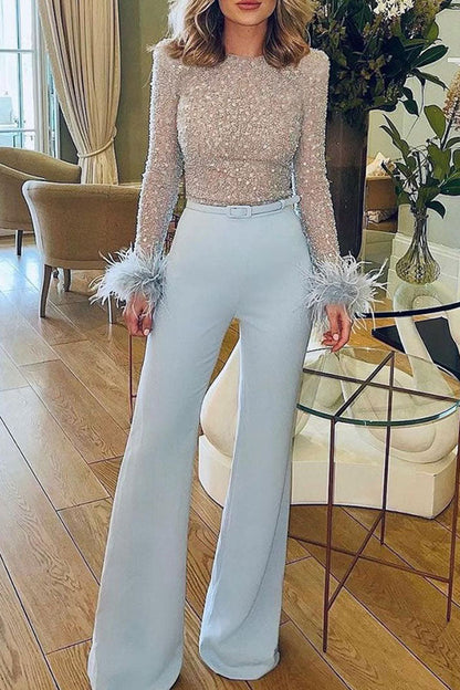 storexq Sequined & Feather Decor Elegant Belted Jumpsuit