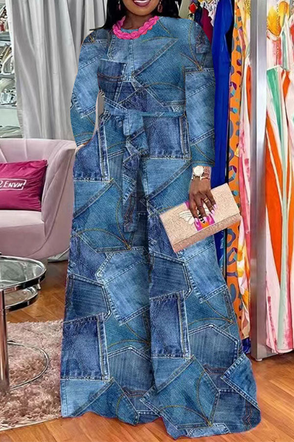 storexq Denim Print Casual Belted Wide Leg Jumpsuit