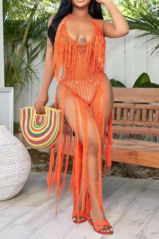 storexq Solid Color Backless Romantic Crochet Cutout Tassel Beachwear