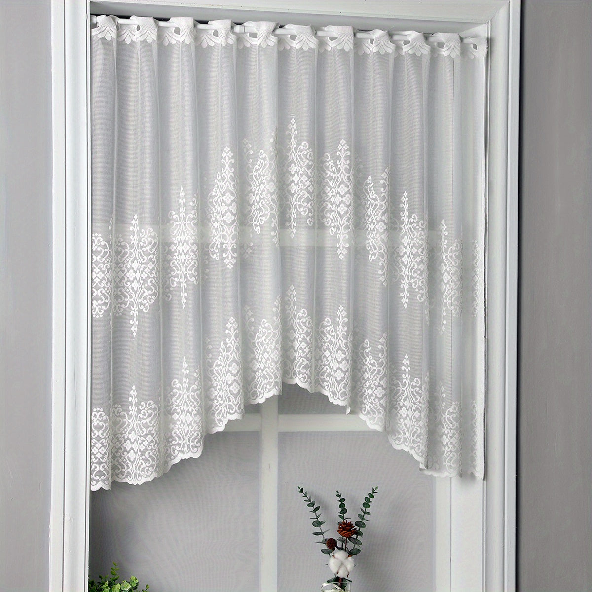 1pc Geometric Wavy Window Curtains - White Lace Cafe Style for Living Room, Bedroom, Kitchen, and Home Decor