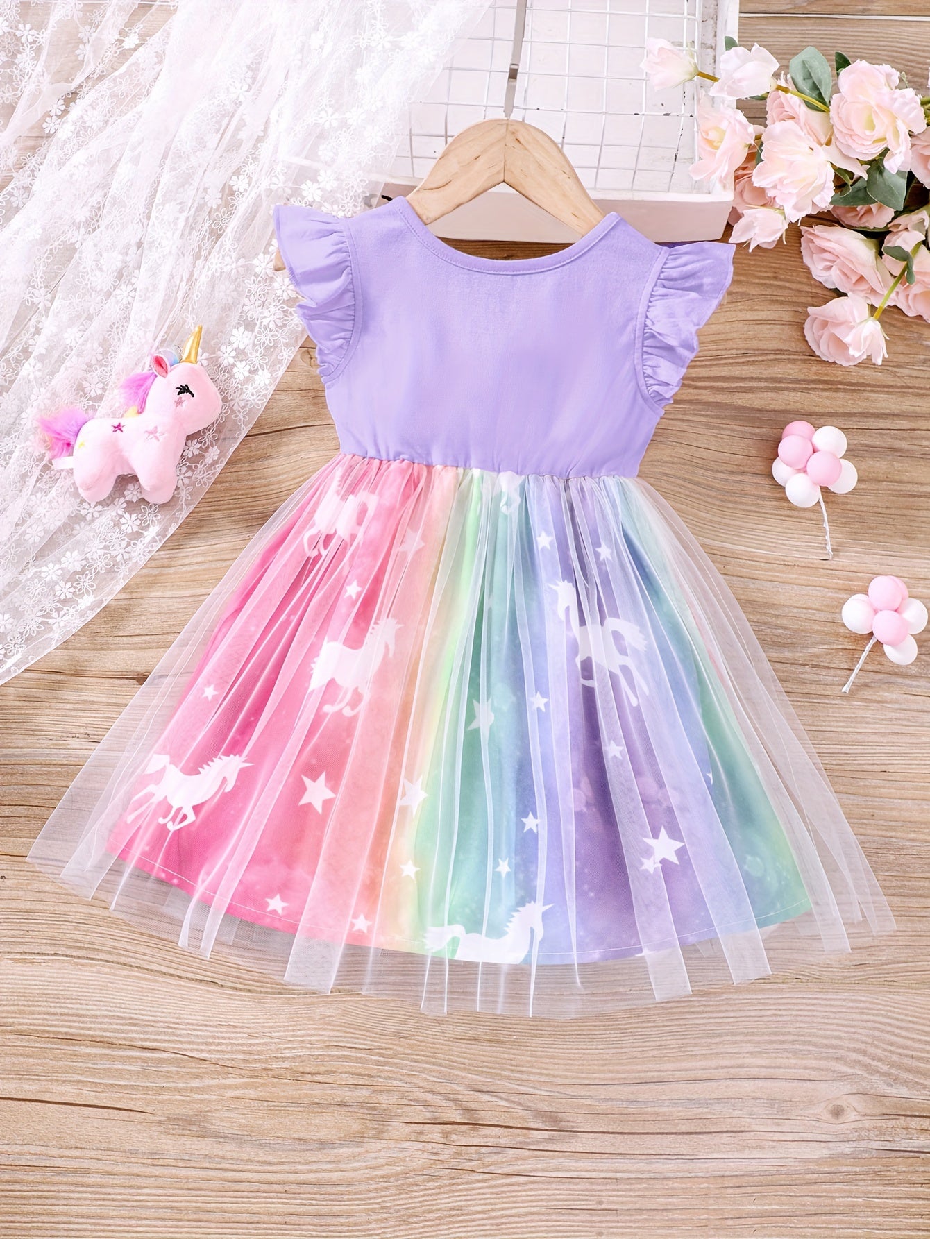 Toddler Girls Cartoon Unicorn Ruffled Sleeveless Round Neck Contrast Mesh Dress Kids Summer Clothes