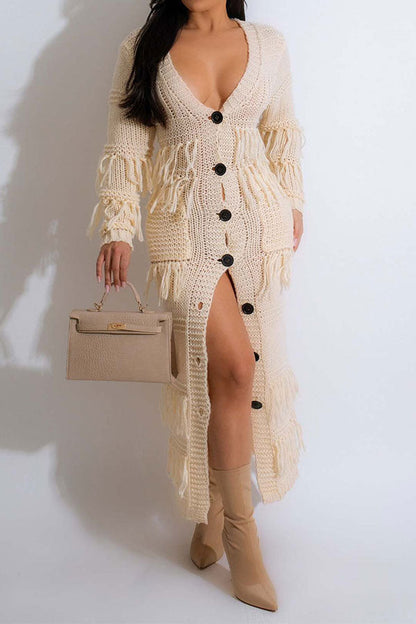 storexq Tassel Patchwork Elegant Single Breasted Knitted Midi Dress