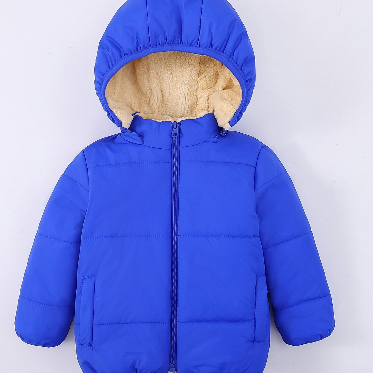 Baby's Solid Color Fuzzy Lining Quilted Jacket With Detachable Hood, Warm Zip Up Padded Coat, Baby Boy's Clothing For Fall Winter