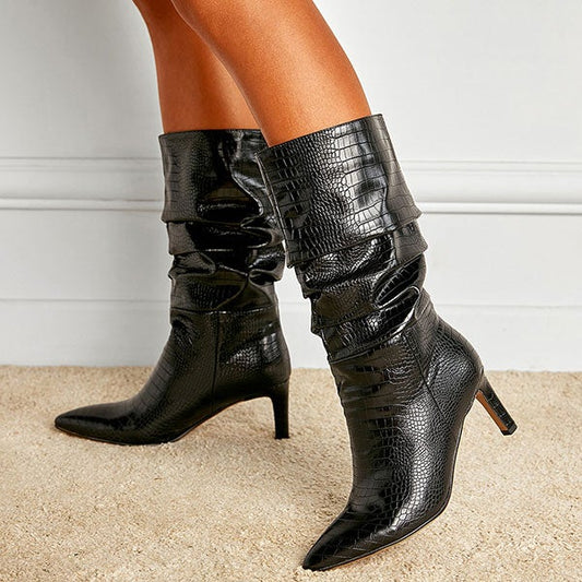 storexq Solid Color Ruched Glamorous Pointed Toe Stiletto Boots