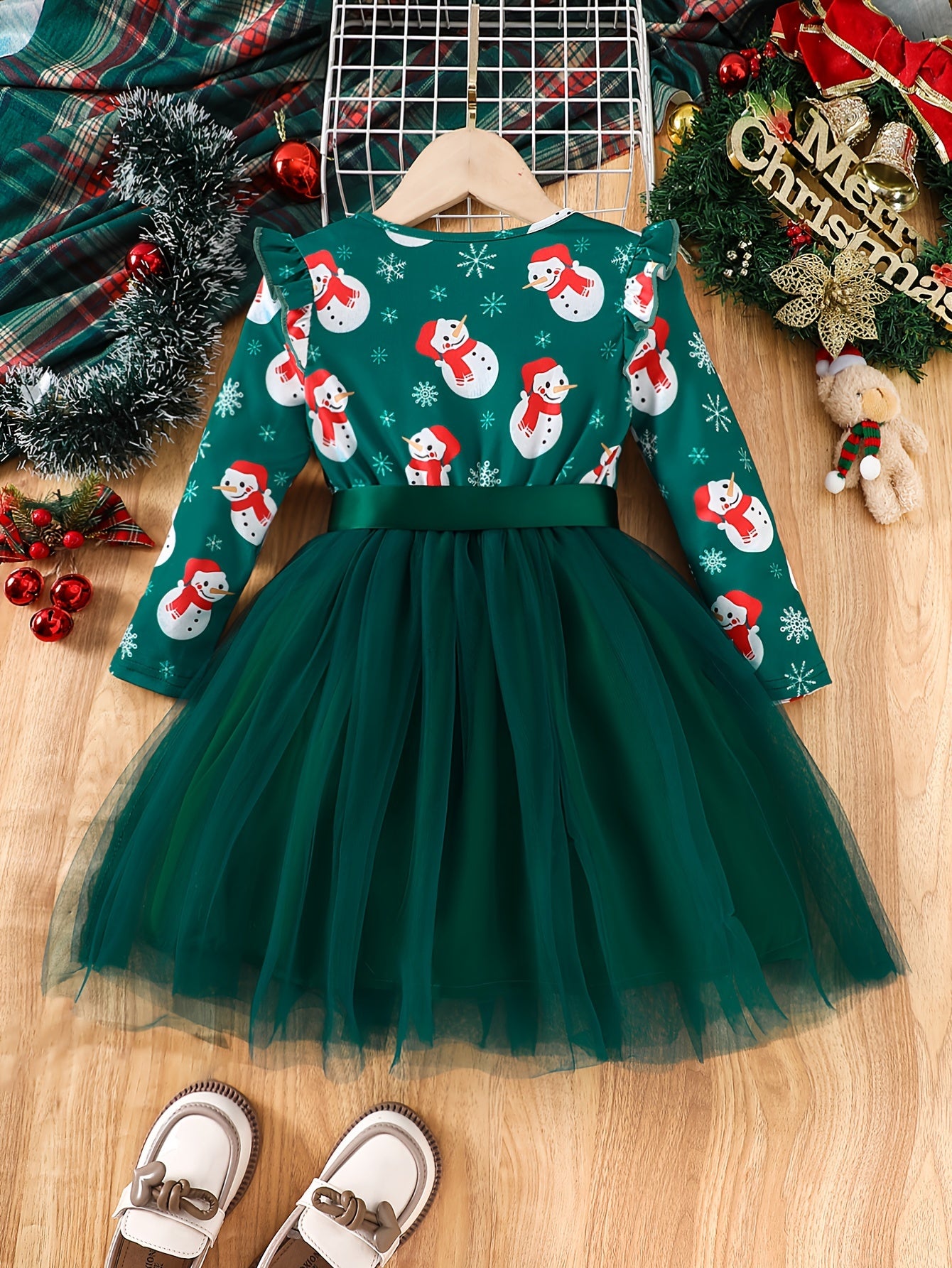 Long Sleeve Girls' Winter Christmas Party Princess Dress With Mesh Hem & Lining, Ribbon Belt, Holiday Fun