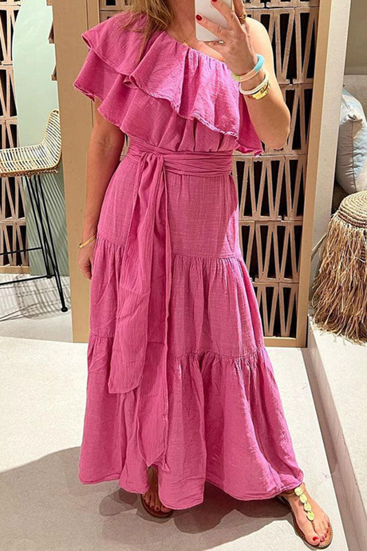 storexq Solid Color Feminine Lace-Up Tiered Ruffle Maxi Dress