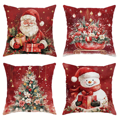 4pcs Velvet Plush Christmas Throw Pillow Covers - Soft, Cozy, One-Sided Printed Decorative Pillowcases for Winter Xmas Decor - 18in x 18in Perfect for Living Room, Bedroom, Sofa, and Bed Decoration - No Inserts Included