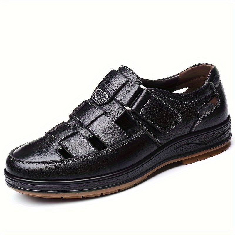 Mens Top Grain Cow Leather Low Top Solid Color Slip On Sandals - Comfy Non Slip Rubber Sole, Hook and Loop Fastener, Breathable PU Lining, Round Toe, Perfect for Summer Beach Water Casual Wear