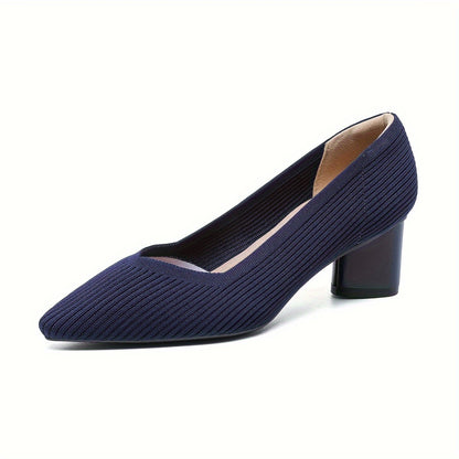 Chic Womens Knit Slip-On Pumps - Soft Chunky Heels, Pointed Toe, Breathable Comfort - Ideal for Work & Casual Style