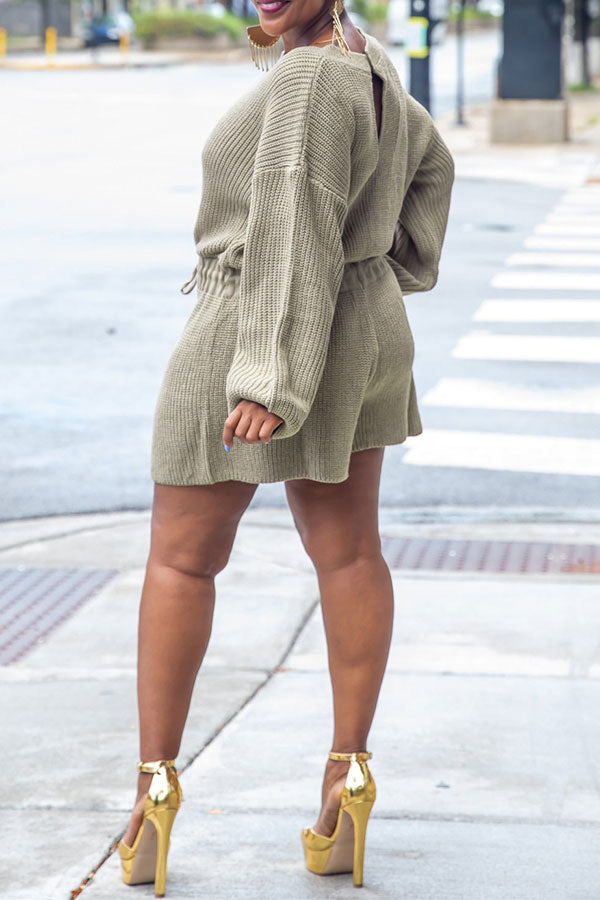 storexq Solid Color Knitted Classic Drawstring Romper
