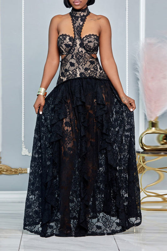 storexq Black Lace Halter Collar Stunning See-Through Maxi Dress