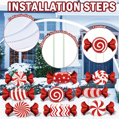 12pcs Christmas Candy Lawn Signs Set - Waterproof Corrugated Cardboard, Perfect for Holiday Garden & Pathway Decor, Christmas Decor