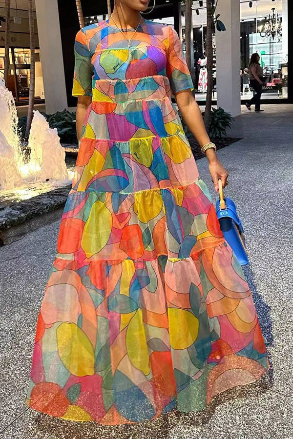 storexq Graphic Print Colorful Tiered Ruffle Maxi Dress