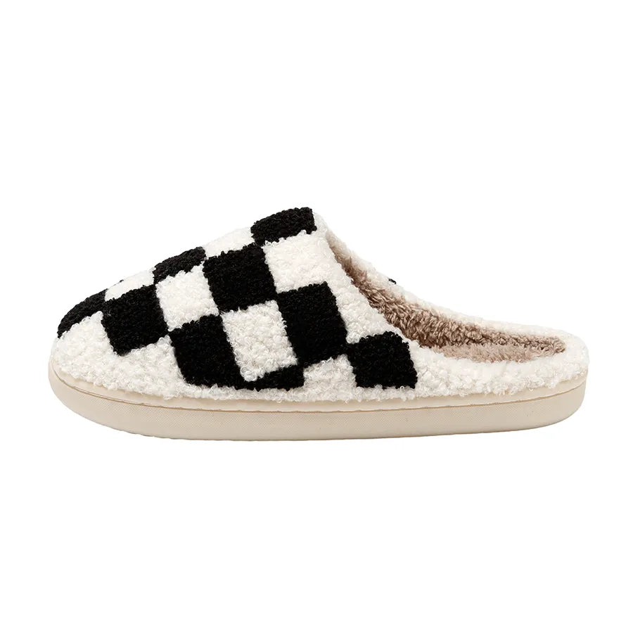 ASIFN Retro Checkered Fuzzy Checker Plush Slippers for Women for Cozy Winter Comfort Fluffy House Soft Shoes Indoor Sole